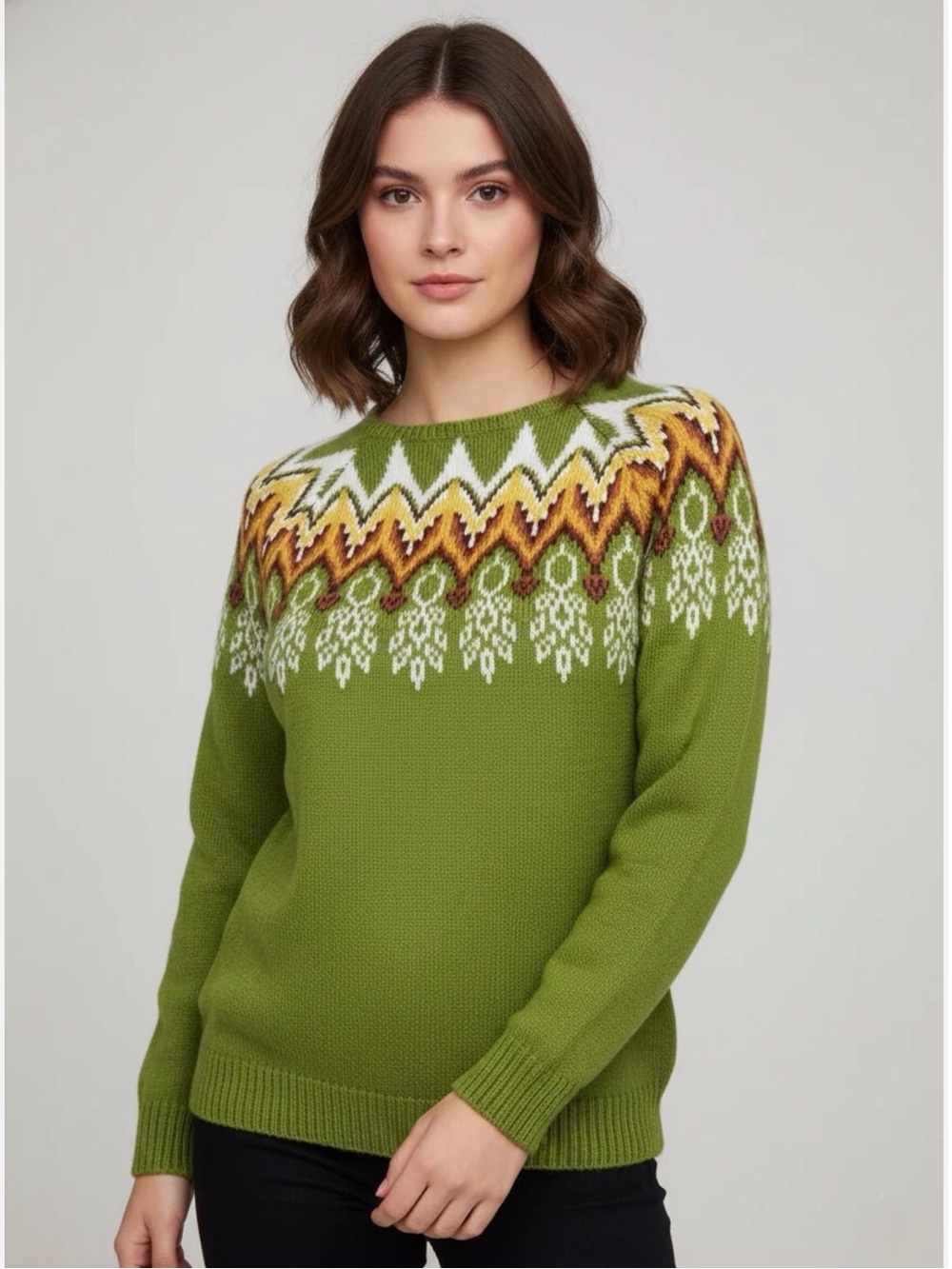 Unisex Lime Green Fair Isle Yoke Sweater Boat Neck Brown/Yellow Size-3XL NIB